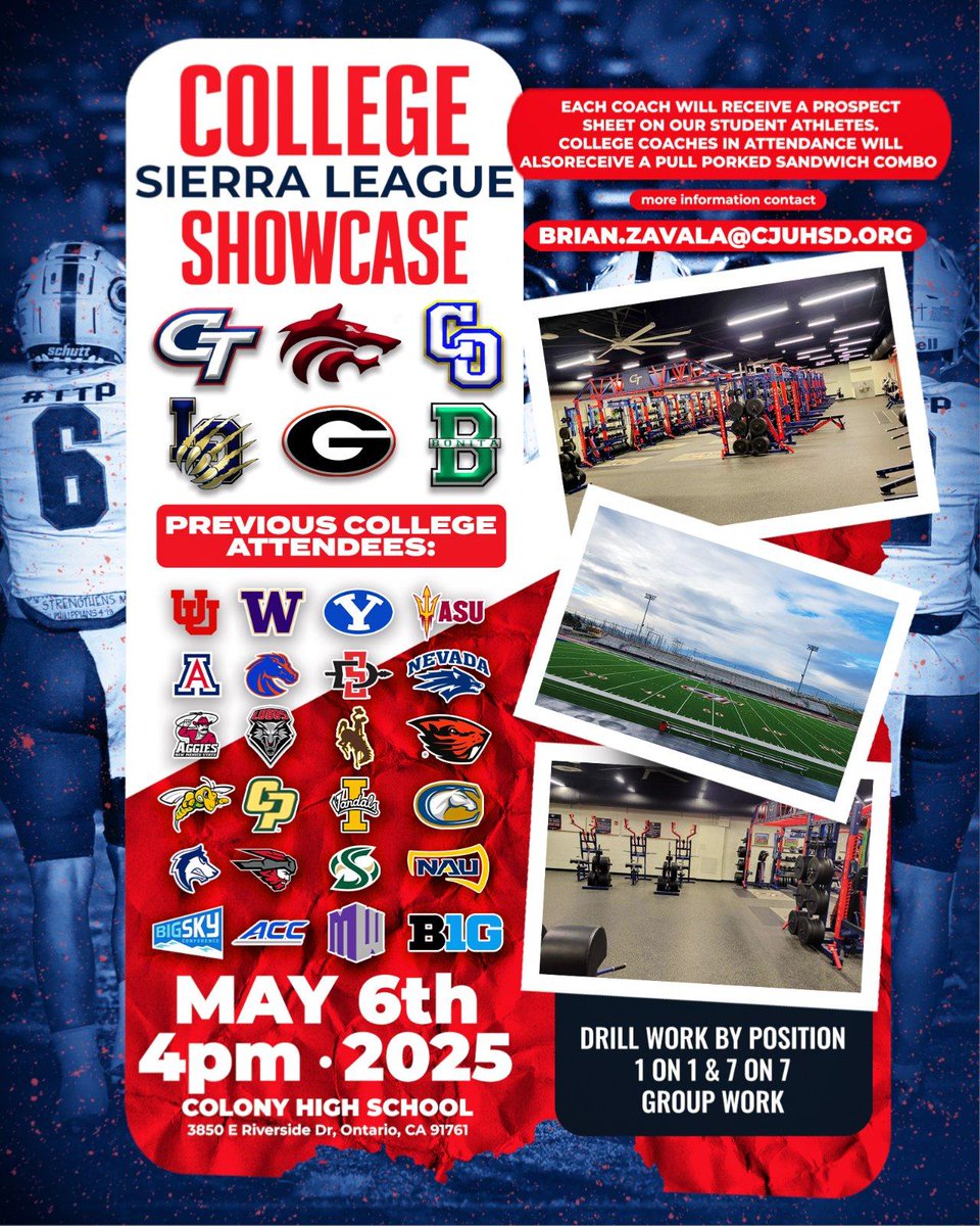 Looking forward to our Annual College Showcase. We appreciate all.tne College Coaches that will be in attendance. The Sierra League student-athletes are geeked up to display their talents. <a href="/CoachGomez91/">Tony Gomez</a> <a href="/CoachTufunga/">Sifa Tufunga</a> <a href="/ColonyTitans_FB/">Colony Titans Football</a> <a href="/CoachOKeefe/">Coach O’Keefe</a> <a href="/GregBiggins/">Greg Biggins</a> <a href="/tspeterson40/">Tim Peterson</a>