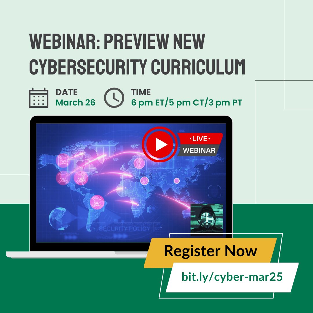 UTeachCS's tweet image. 💡 Teaching #Cybersecurity or planning to start?
Discover why educators call our hands-on, #ProjectBased curriculum a “game-changer for cybersecurity” at our March 26 webinar!
📅 Reserve your spot today: bit.ly/cyber-mar25