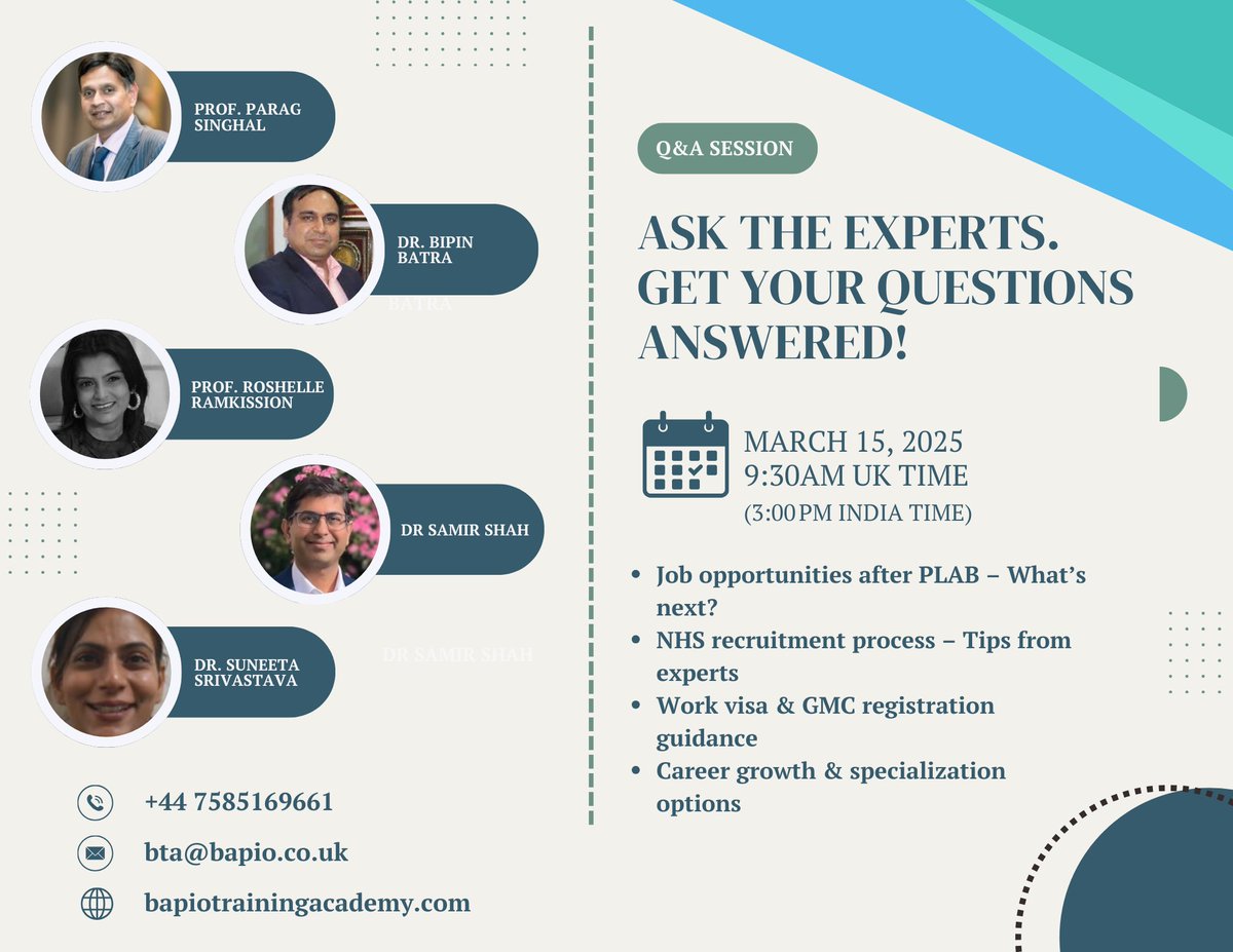 BAPIO Training Academy (@bapiota) on Twitter photo Have questions about starting your medical career in the UK after PLAB?
Join our Ask the Experts webinar and get your questions answered by UK medical professionals.
Date: March 15th
Time: 9:30 AM (UK) | 3 PM - 4 PM (IST)
Register Now: bapiotrainingacademy.com/event/ask-the-…
#MedicalJobsUK Have questions about starting your medical career in the UK after PLAB?
Join our Ask the Experts webinar and get your questions answered by UK medical professionals.
Date: March 15th
Time: 9:30 AM (UK) | 3 PM - 4 PM (IST)
Register Now: bapiotrainingacademy.com/event/ask-the-…
#MedicalJobsUK