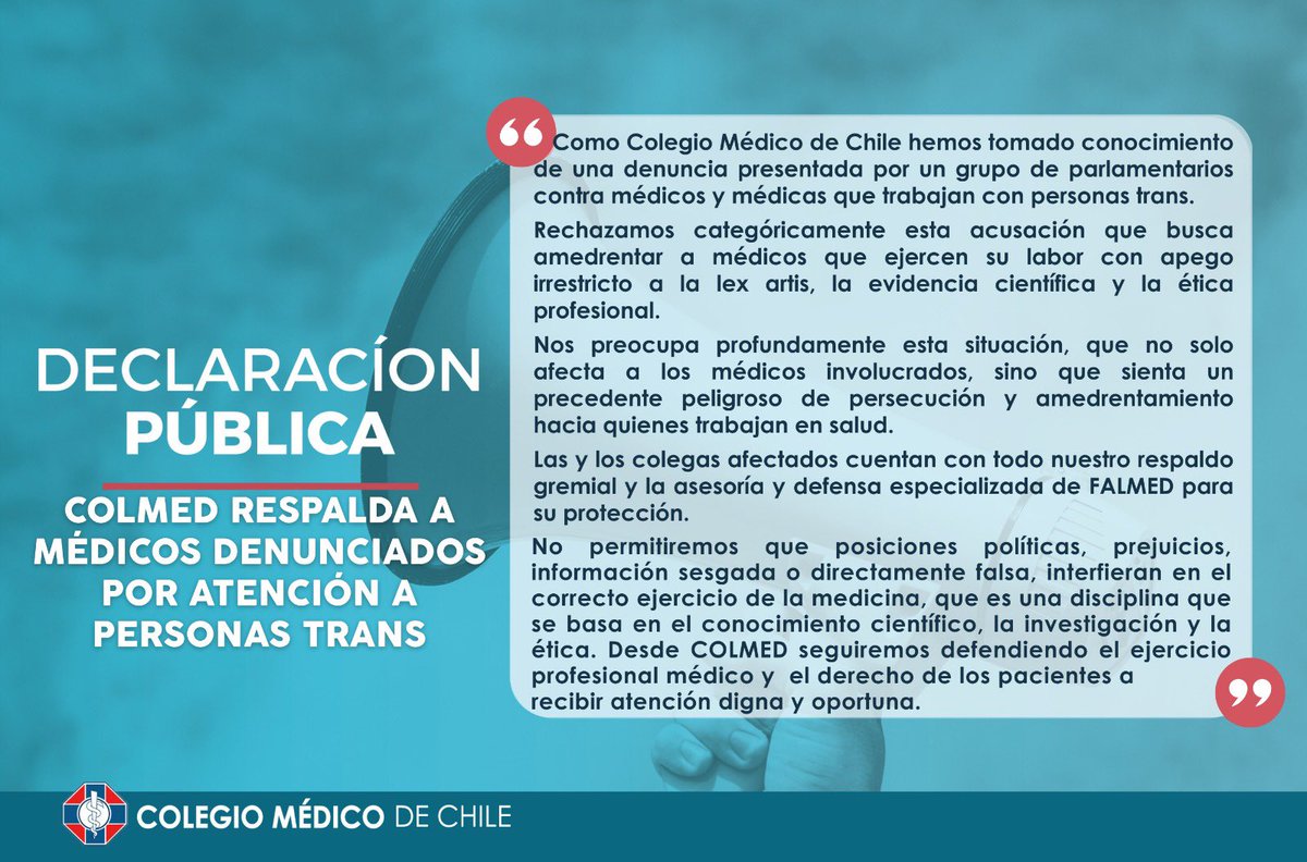 📣Rechazamos la persecución contra médicos que atienden a personas trans

La Mesa Directiva Nacional del #COLMED respalda a los colegas denunciados por parlamentarios que buscan amedrentarlos por ejercer su labor con base en la evidencia científica y la ética profesional.

⚠️