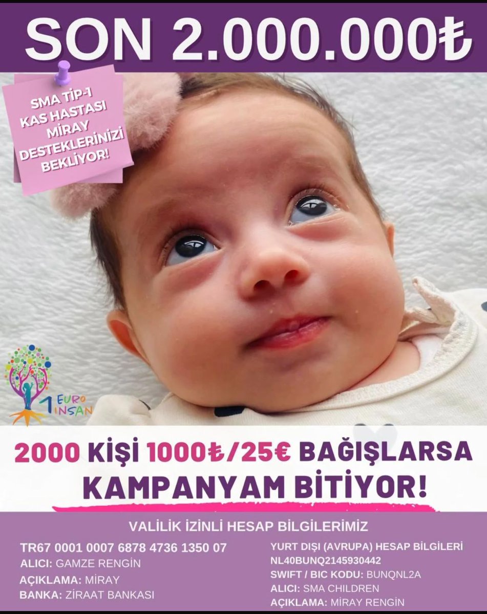 1euro1insann's tweet photo. MİRAY’ın MUCİZESİNE
✨ SON 2.000.000₺✨

MİNİCİK BİR ELİ SIKICA TUTMAYA SÖZ VERDİK🌸
O YÜZDEN DURMADAN , NEFESLENMEDEN KOŞUYORUZ , SON 3 ADIM İÇİN DE  AYNI HEYECANLA KOŞACAĞIZ✨

MİRAY’ımızın YETİLERİNİ KAYBETMEDEN İLACINA KAVUŞMASI İÇİN 
2000 kişinin 1000₺ BAĞIŞINA, ZEKATINA İHTİYACIMIZ VAR✨

📌 VALİLİK İZİNLİ TR İBANIMIZ
‌TR6700 0100 0768 7847 3613 5007
Alıcı: GAMZE RENGİN
ZİRAAT BANKASI

📌VALİLİK İZİNLİ DOLAR / EURO İBANIMIZ
‌USD IBAN :TR 4000 0100 0768 7847 3613 5008
EUR IBAN : TR1300 0100 0768 7847 3613 5009
‌‌‌ZİRAAT BANKASI
‌ALICI : GAMZE RENGİN
‌SWİFT Kod: TCZBTR2AXXX

📌YURTDIŞI (AVRUPA) HESAP BİLGİLERİ ‌
Sma Children Vakfı
NL40BUNQ2145930442
Alıcı: Sma Children
Swift kod: BUNQNL2A
Açıklama: MİRAY RENGİN