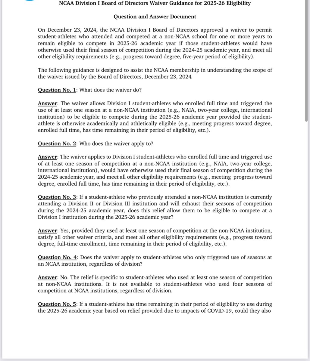 NCAA sent out guidance today regarding eligibility for former JUCO and non-NCAA schools. Essentially, all players who'd be otherwise out of eligibility but played JUCO/NAIA/etc can play in 2025-26 EXCEPT those whose only season of non-NCAA competition was 2020-21 (COVID year).