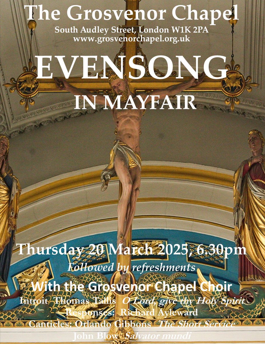 Grosvenor Chapel (@grosvenorchapel) on Twitter photo The next monthly Choral Evensong at Grosvenor Chapel is next Thursday, 20 March at 6.30pm. Beautiful music from the Grosvenor Chapel Choir followed by refreshments. All welcome! <a href="/ChoralEvensong/">Choral Evensong Trust</a> <a href="/EvensongStats/">ChoralEvensongStats</a> The next monthly Choral Evensong at Grosvenor Chapel is next Thursday, 20 March at 6.30pm. Beautiful music from the Grosvenor Chapel Choir followed by refreshments. All welcome! <a href="/ChoralEvensong/">Choral Evensong Trust</a> <a href="/EvensongStats/">ChoralEvensongStats</a>