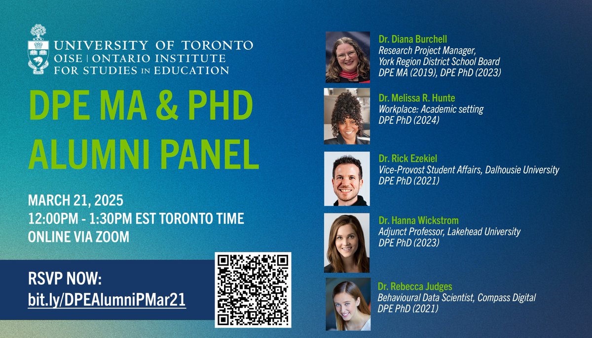 APHDatOISE's tweet image. 👋Hey APHD Students! Wondering about life post grad-school? Join us on March 21 for a special #AlumniPanel bringing back some of our recent graduates from the DPE MA &amp;amp; PhD program to learn more about their helpful tips &amp;amp; tricks! 🔗RSVP Now: bit.ly/DPEAlumniPMar21