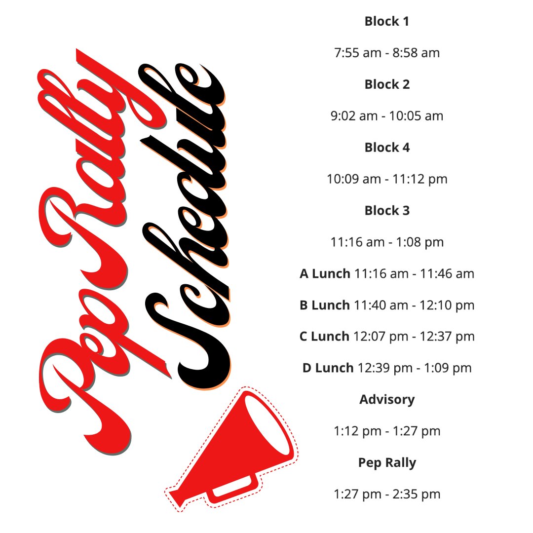 Friendly reminder that we have a pep rally schedule tomorrow 03.14.25. Show up with your class colors!