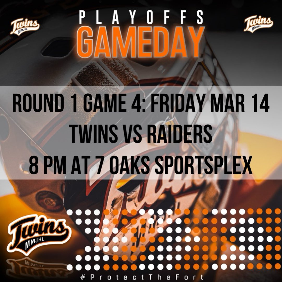 The Twins head to Seven Oaks Friday for Game 4 vs <a href="/Raiders_JHC/">RaidersJuniorHockey</a>. 

Puck drop at 8 pm. 

Can they make it a sweep? Come cheer them on and find out!