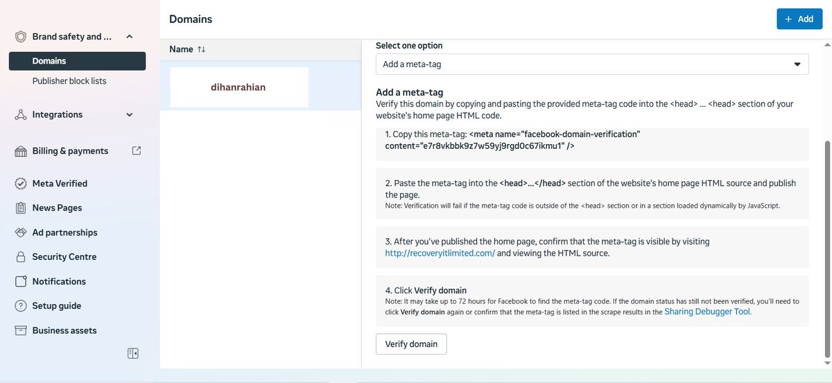 🚀 Facebook Domain Verification Done! ✅

Big news! 🎉 Successfully verified our domain dihanrahian.com on Facebook Business Manager. Now, we’re all set to run secure ads, manage links, and build a stronger online presence!

#dihanrahian #DomainVerified #BusinessGrowth
