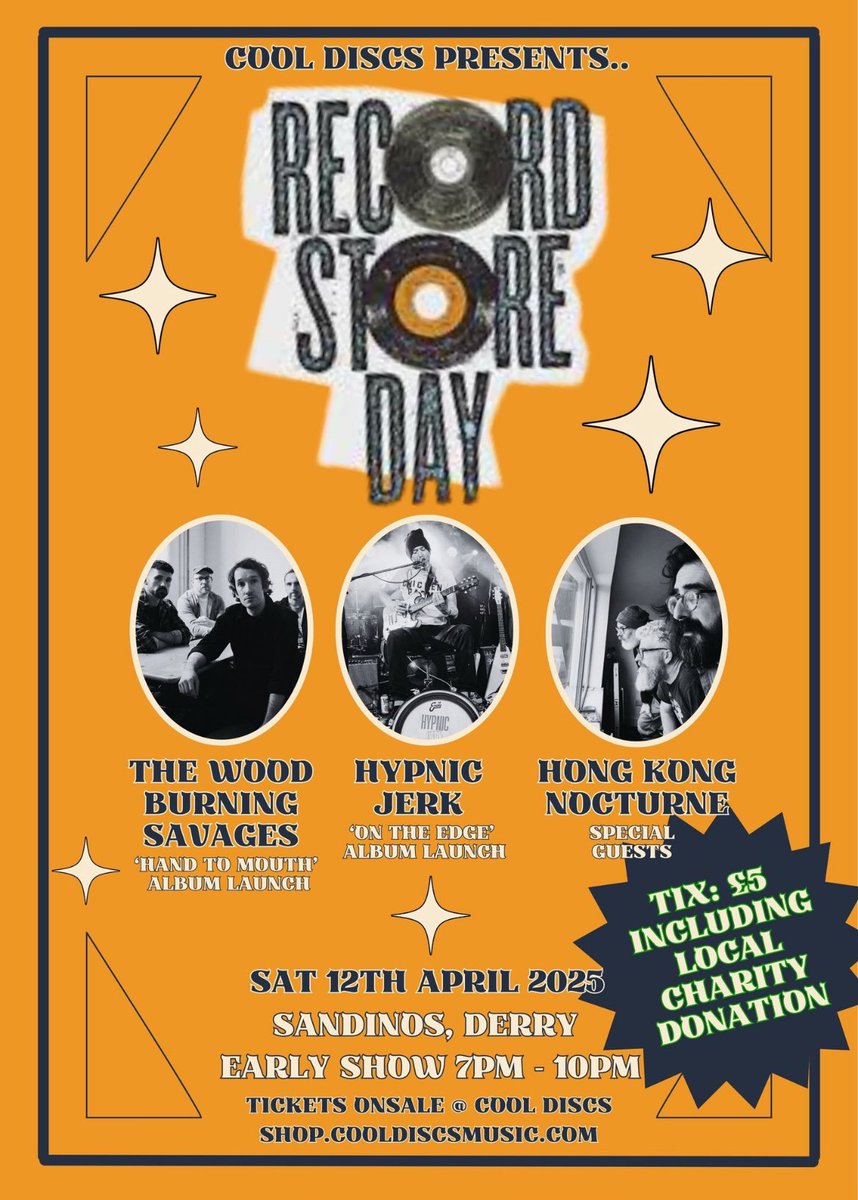 Playing some songs at this fab Cool Discs #RSD25 event. Double header with both Wood Burning Savages and Hypnic Jerk, live Derry album launch show. 

High Octane Rock n Roll guaranteed!

Sat 12th April
Sandinos 7pm til 10pm
Tax: Deep Sea Diver