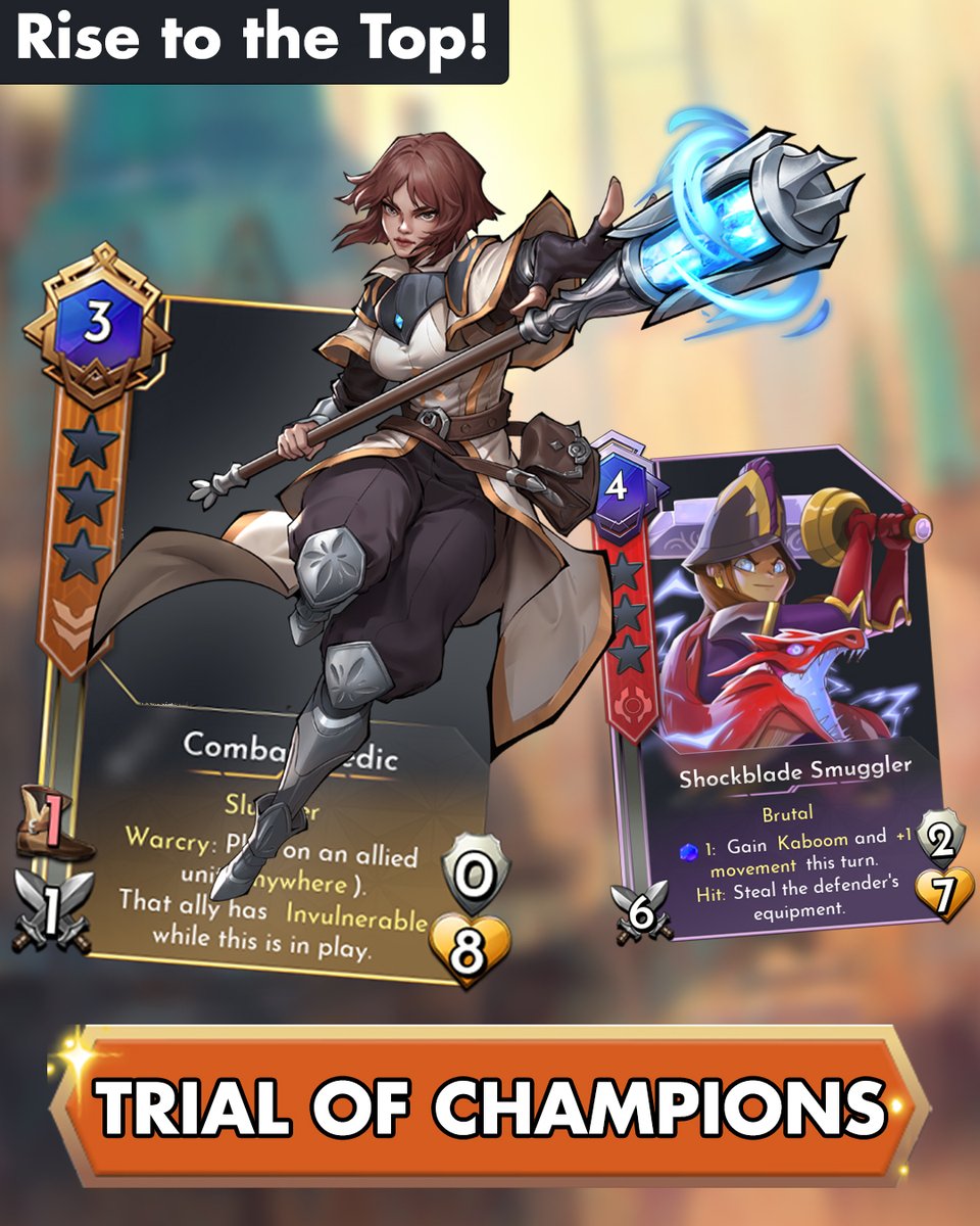 Rangers, the FIRST Trial of Champions runs Mar 12–Apr 10! Climb the leaderboards for early access to Combat Medic, enhanced Veil Devourer, &amp; an alternate Shockblade Smuggler. Valor resets—fight for the top 7 rewards! All participants earn Shards. #LeaderboardEvent #Shardbound