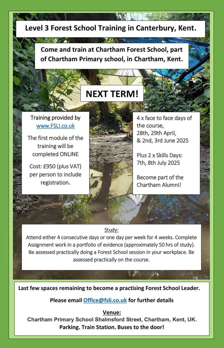 Please RT!
Forest School Training at Chartham, Canterbury, Kent, UK. NEXT MONTH. April 2025 
Still a couple of places available!
DM for info

#forestschooluk #ForestSchool #ForestSchoolTraining #ForestSchoolLeaderTraining #education #cpd #Level3ForestSchoolTraining