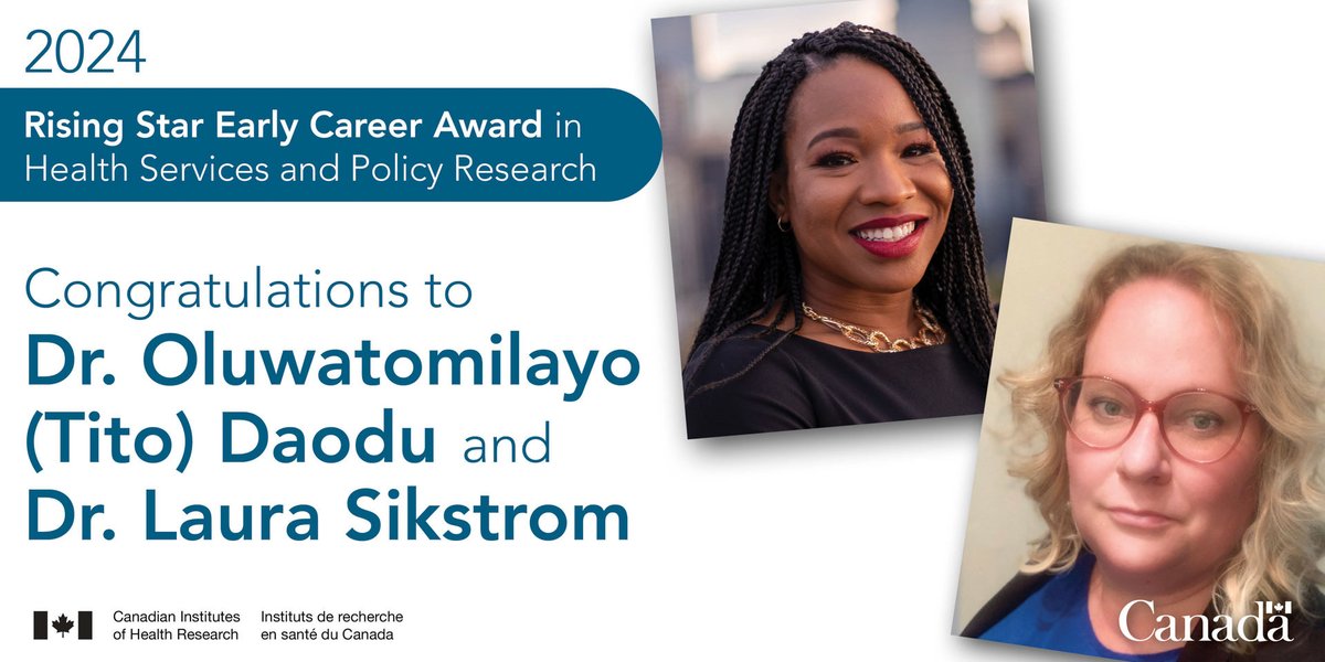 Institute of Health Services & Policy Research (@ihspr_isps_cihr) on Twitter photo The 2024 Rising Stars in #HSPR are Drs. Laura Sikstrom & <a href="/TitoDaodu/">Tito Daodu MD</a> 🎉
This prize recognizes the excellence of emerging health services and policy researchers at the early career stage working within the mandate of #IHSPR. Congratulations!
Read more: cihr-irsc.gc.ca/e/54239.html The 2024 Rising Stars in #HSPR are Drs. Laura Sikstrom & <a href="/TitoDaodu/">Tito Daodu MD</a> 🎉
This prize recognizes the excellence of emerging health services and policy researchers at the early career stage working within the mandate of #IHSPR. Congratulations!
Read more: cihr-irsc.gc.ca/e/54239.html