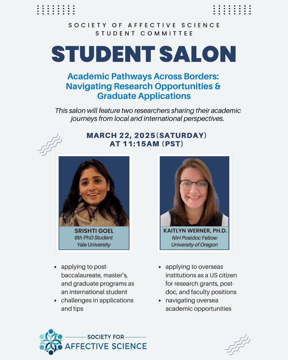 affectScience's tweet image. 🌎📚Thinking about taking your academic journey across borders? Join us on March 22 (11:15AM-12:15PM) for a salon on navigating applications as an international or domestic student! 🌍✨Get insights, tips &amp;amp; real talk from those who’ve done it! #AcademicPathways #SAS2025