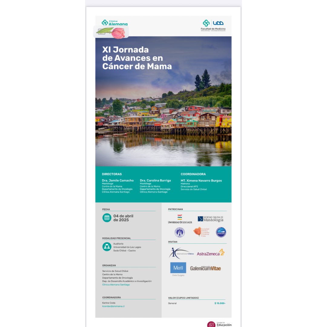 Nuestra sociedad, se enorgullece en patrocinar la  XI Jornada de Avances en Cáncer de Mama, que se realizará el viernes 04 de abril de 2025, en el Auditorio de la Universidad de Los Lagos, Ubaldo Mansilla # 131, Castro - Chiloé