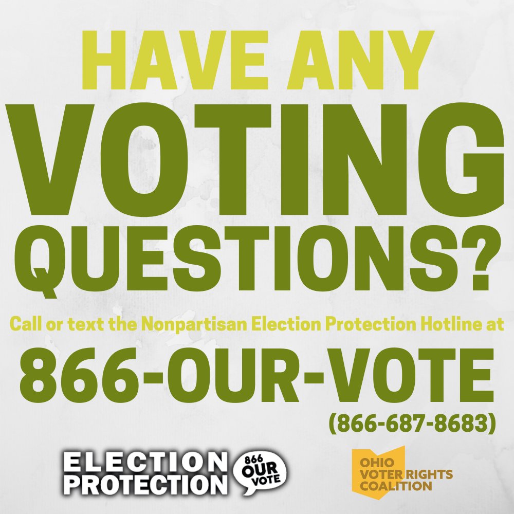 Have questions about registering to vote? Not sure if you have the proper voter ID? Need help requesting an absentee ballot? We're here to help!

Call or text 866-OUR-VOTE (866-687-8683) with any voting questions you may have, now through Election Day.