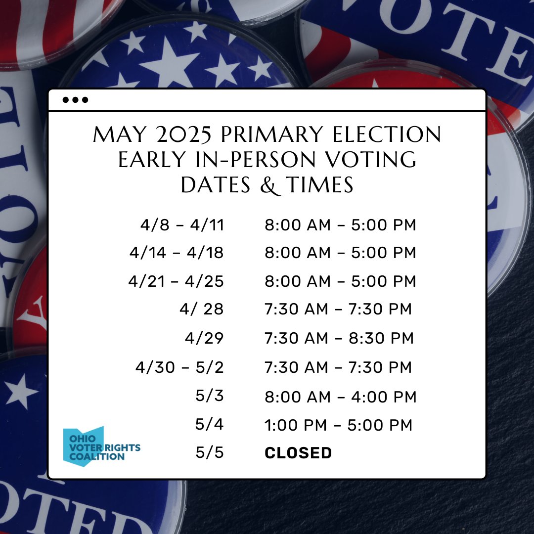 🗳️ Early voting for the 2025 Primary Election has begun! You have until May 4 to vote early at your county's early vote location: ohiosos.gov/elections/vote…

🆔 Don’t forget to bring a valid photo ID!

📞 Questions/problems? Call or text 866-OUR-VOTE!