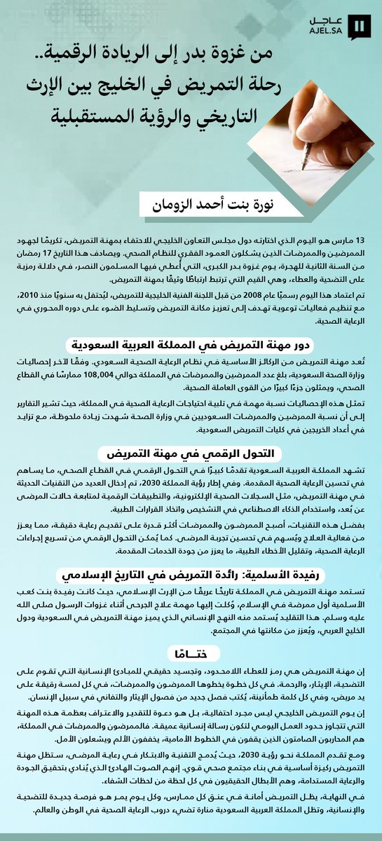 نورة بنت أحمد الزومان تكتب لـ «عاجل»: من غزوة بدر إلى الريادة الرقمية.. رحلة التمريض في الخليج بين الإرث التاريخي والرؤية المستقبلية

ajel.sa/opinion/udkk3q…