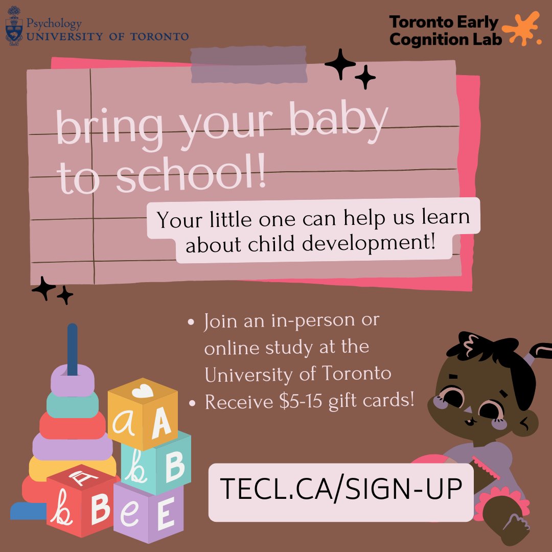 ⭐️Join the Toronto Early Cognition Lab for a fun study for children 0-11 years old!   

💫 Receive a gift card and UofT certificate for participating

✨ Sign up using the link in our bio