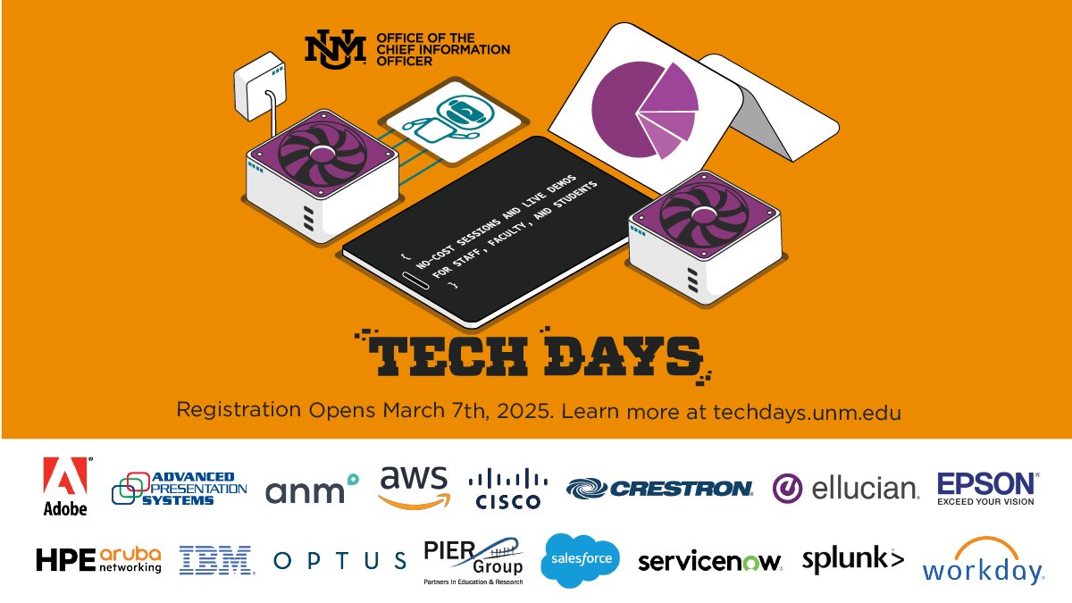 UNM_IT's tweet photo. Register at https://t.co/nPROEaZKKe before 4/4 for Tech Days 2025! 
Participate in no-cost sessions, discussions, and hands-on demos of current and future technological innovations at the University. All sessions held at the UNM Student Union Building. https://t.co/xF64X8AidF
