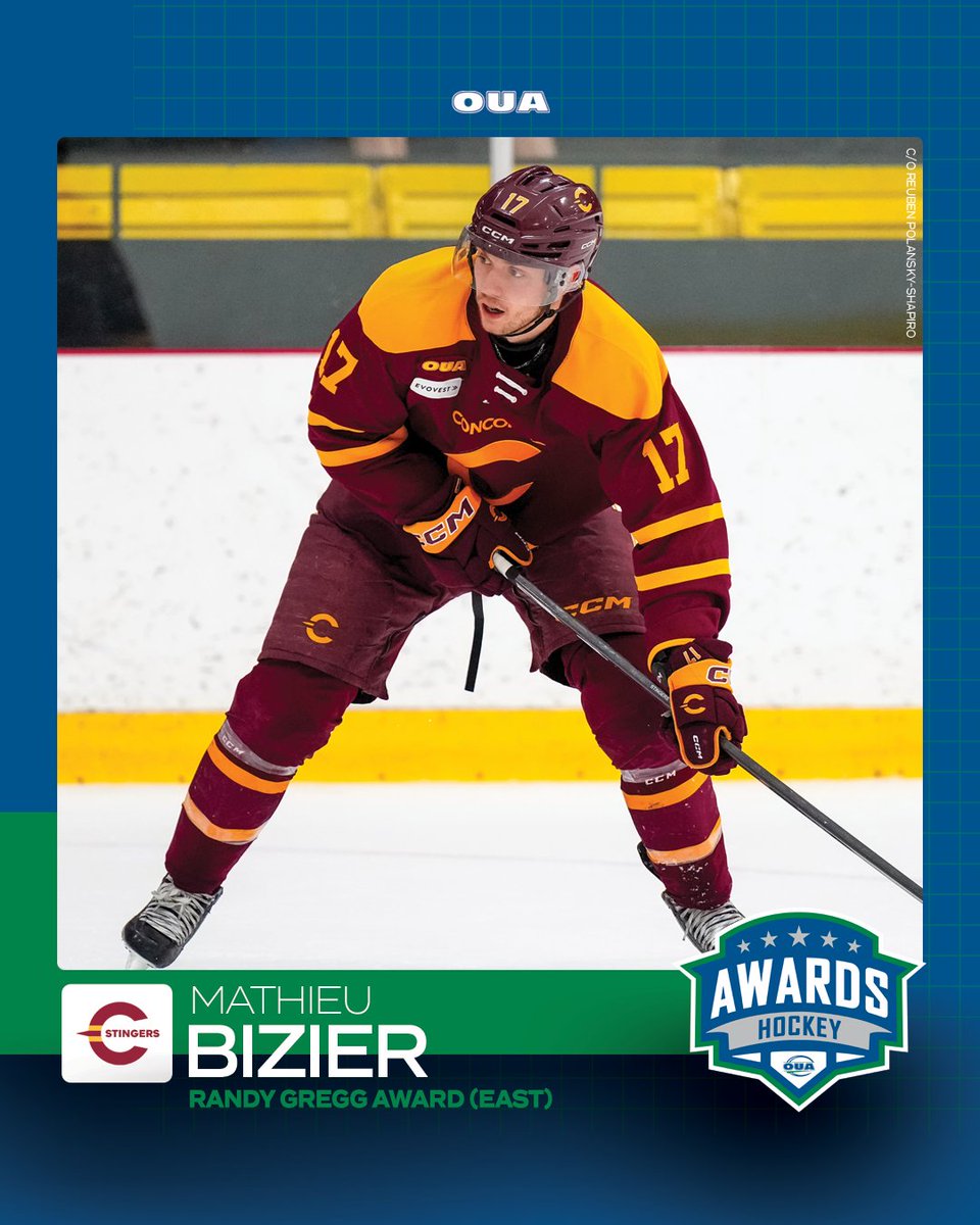 OUAsport's tweet photo. Congratulations to @The_Stingers Mathieu Bizier and @WlooWarriors Simon Rose, who have been named the 2024-25 #OUA men’s hockey Randy Gregg Award winners.🏒👏 https://t.co/jyRdDxWHmP