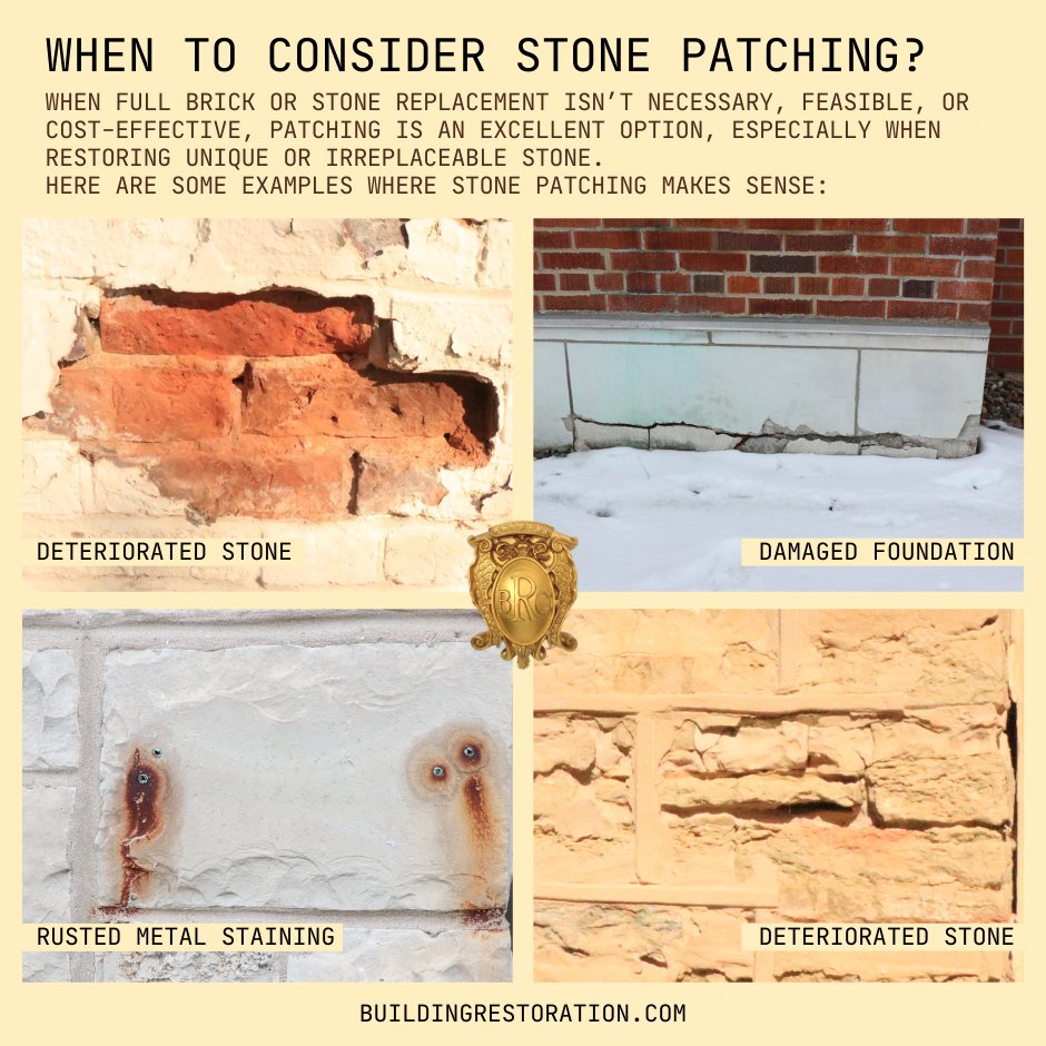 Not all damaged stones needs replacing. Brick and stone patching is a cost-effective way to restore deteriorating masonry, damaged foundations, and rust stains.