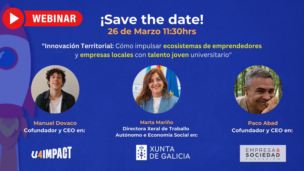 ¡Apúntate a nuestro nuevo webinar!💡🚀

Contaremos el caso de éxito de la Xunta de Galicia con su programa de apoyo a emprendedores con talento joven,

Regístrate aquí: bit.ly/3DOCxi8 #U4IMPACT