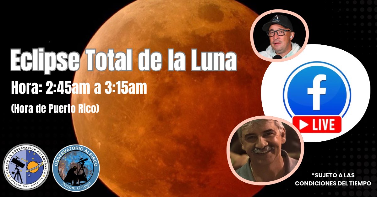 🌑🔴 ¡No te lo pierdas! 🔴🌑

ECLIPSE TOTAL DE LUNA EN VIVO 

📍 Transmisión en vivo en mi página Nelson Ortega Torres             
⏰ Hora: 2:45 AM - 3:15 AM

☁️ Sujeto a las condiciones del tiempo

Evento colaborativo entre el  <a href="/observatoriocsa/">Observatorio CSA</a> y este servidor.