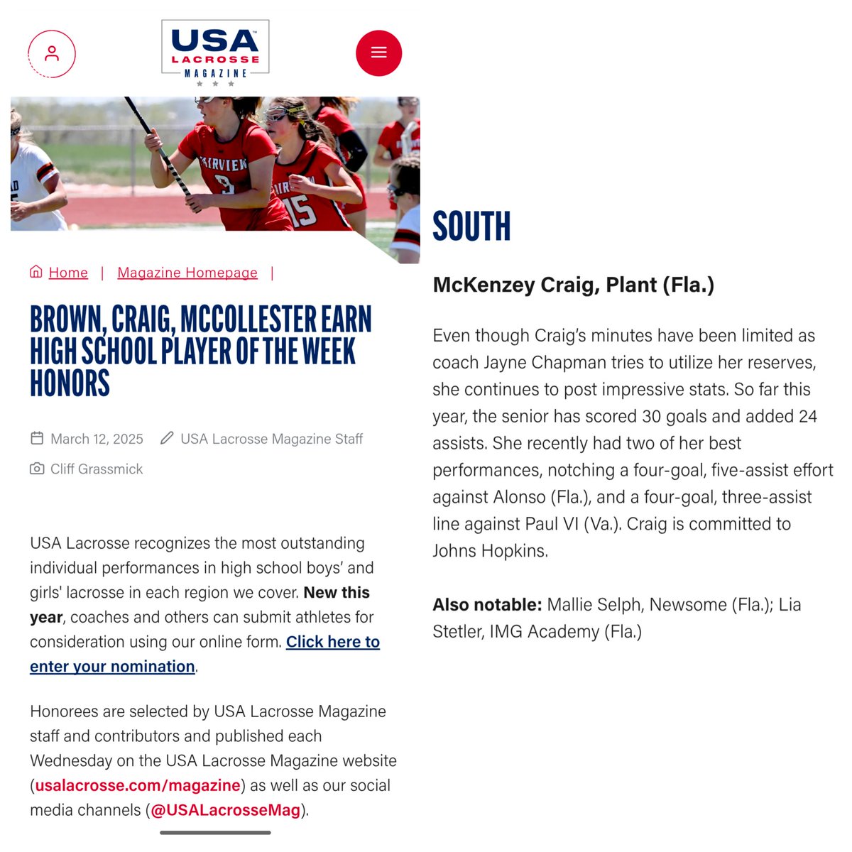 Plant Girls Varsity Lacrosse (@ladypantherlax) on Twitter photo Congrats to McKenzey Craig for the well-deserved, USA Lacrosse South Region's Player of the Week recognition! 🖤💛🥍 Thanks to <a href="/USALacrosseMag/">USA Lacrosse Magazine</a> for the nod. #PLax25 #LeaveALegacy <a href="/HBPlantAthletic/">Panther Athletics</a> <a href="/PlantHighSchool/">PlantHighSchool</a> <a href="/phsathleticfdn/">PHS Athletic Foundation</a> <a href="/tampalaxreport/">Tampa Lax Report</a> <a href="/FloridaLX/">FloridaLacrosseNews</a> <a href="/HopkinsLacrosse/">Hopkins Lacrosse</a> Congrats to McKenzey Craig for the well-deserved, USA Lacrosse South Region's Player of the Week recognition! 🖤💛🥍 Thanks to <a href="/USALacrosseMag/">USA Lacrosse Magazine</a> for the nod. #PLax25 #LeaveALegacy <a href="/HBPlantAthletic/">Panther Athletics</a> <a href="/PlantHighSchool/">PlantHighSchool</a> <a href="/phsathleticfdn/">PHS Athletic Foundation</a> <a href="/tampalaxreport/">Tampa Lax Report</a> <a href="/FloridaLX/">FloridaLacrosseNews</a> <a href="/HopkinsLacrosse/">Hopkins Lacrosse</a>