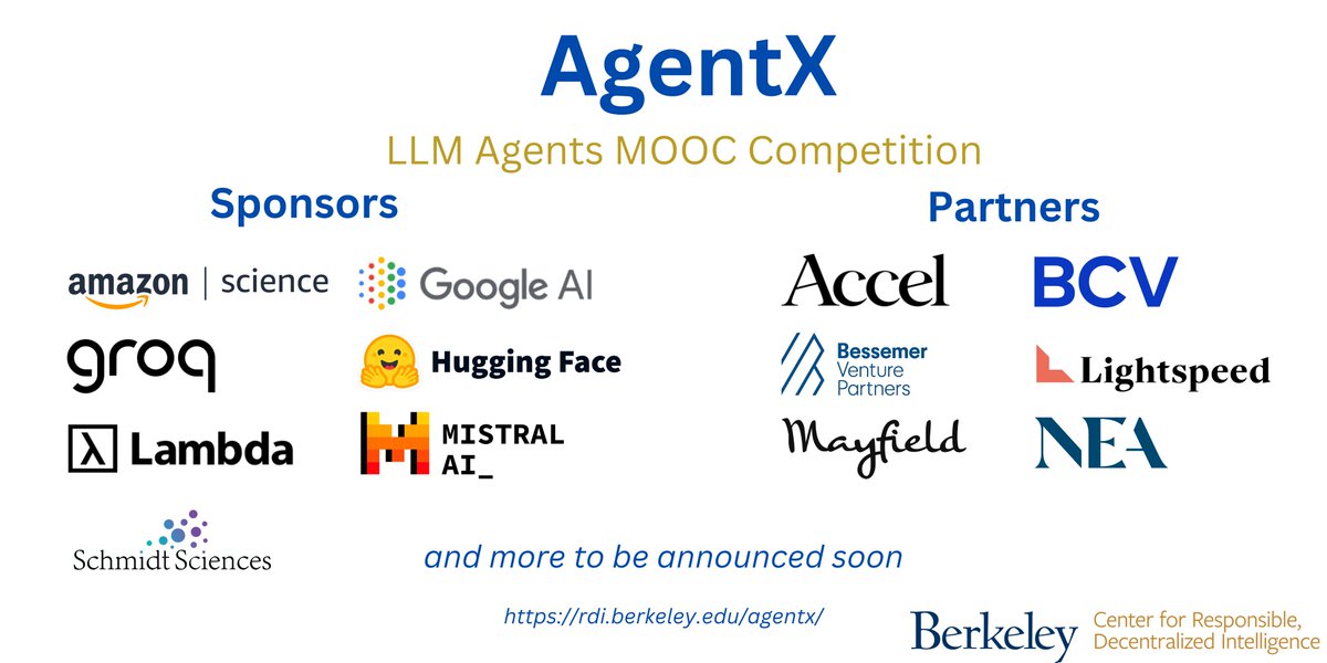 Dawn Song (@dawnsongtweets) on Twitter photo 🚀 Really excited to launch #AgentX competition hosted by <a href="/BerkeleyRDI/">UC Berkeley RDI</a> <a href="/UCBerkeley/">UC Berkeley</a> alongside our LLM Agents MOOC series (a global community of 22k+ learners & growing fast). Whether you're building the next disruptive AI startup or pushing the research frontier, AgentX is your 🚀 Really excited to launch #AgentX competition hosted by <a href="/BerkeleyRDI/">UC Berkeley RDI</a> <a href="/UCBerkeley/">UC Berkeley</a> alongside our LLM Agents MOOC series (a global community of 22k+ learners & growing fast). Whether you're building the next disruptive AI startup or pushing the research frontier, AgentX is your