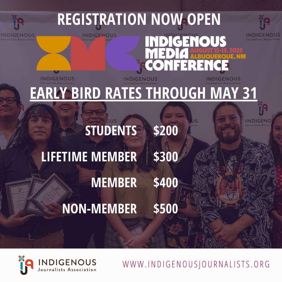 Indigenous Journalists Association (@indigenousja) on Twitter photo 🚨 IMC25 Early-Bird Registration is open through May 31! Join us Aug. 13-15 at Isleta Resort & Casino (<a href="/IsletaCasino/">Isleta Resort Casino</a>) for the 2025 Indigenous Media Conference. Register now & save: tinyurl.com/ynjxuv3u 🚨 IMC25 Early-Bird Registration is open through May 31! Join us Aug. 13-15 at Isleta Resort & Casino (<a href="/IsletaCasino/">Isleta Resort Casino</a>) for the 2025 Indigenous Media Conference. Register now & save: tinyurl.com/ynjxuv3u