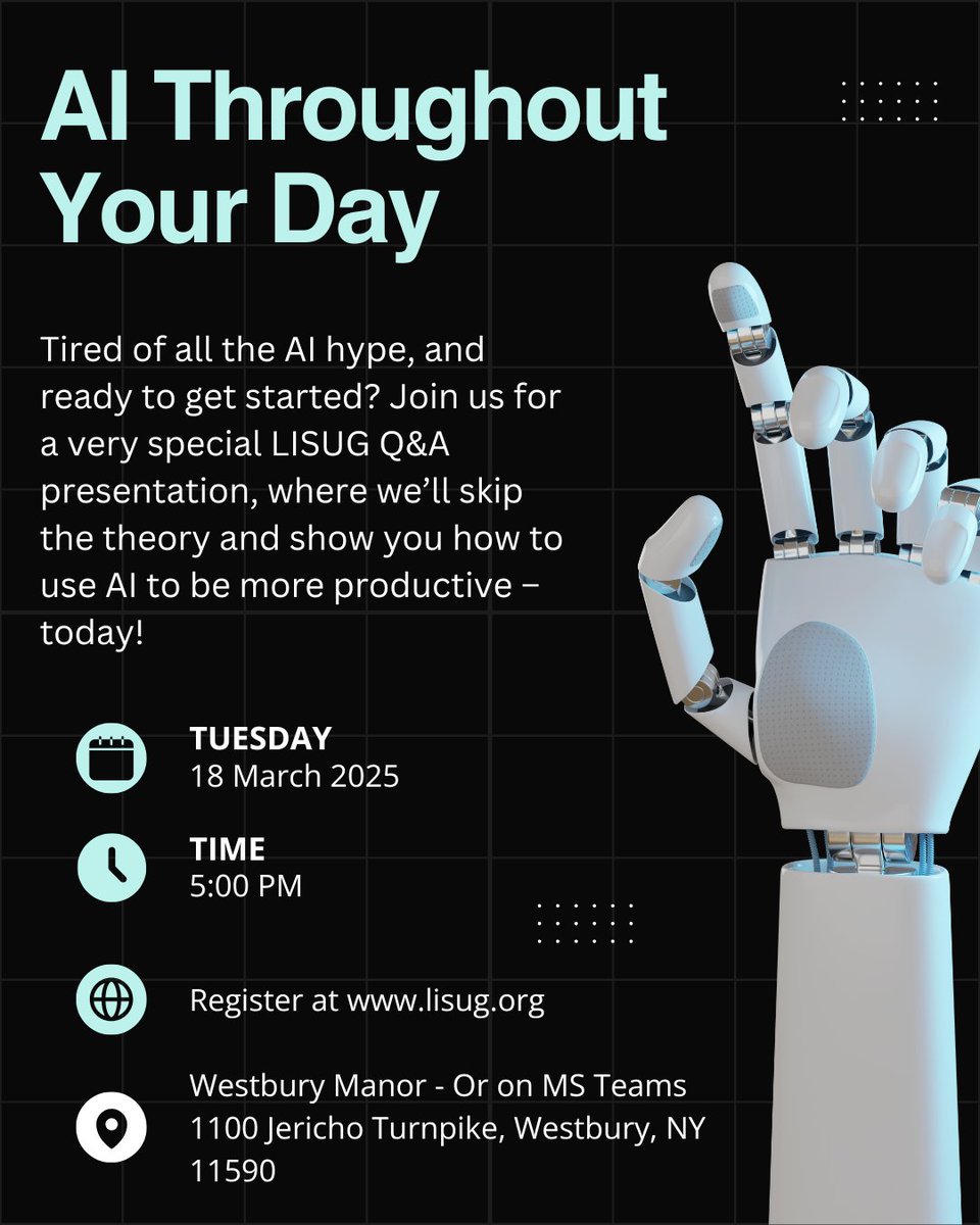 Tired of AI buzzwords and theoretical discussions? Join us for a special LISUG Q&amp;A session where we skip the fluff and show you real ways to use AI to be more productive - starting today!
Register now at lisug.org.