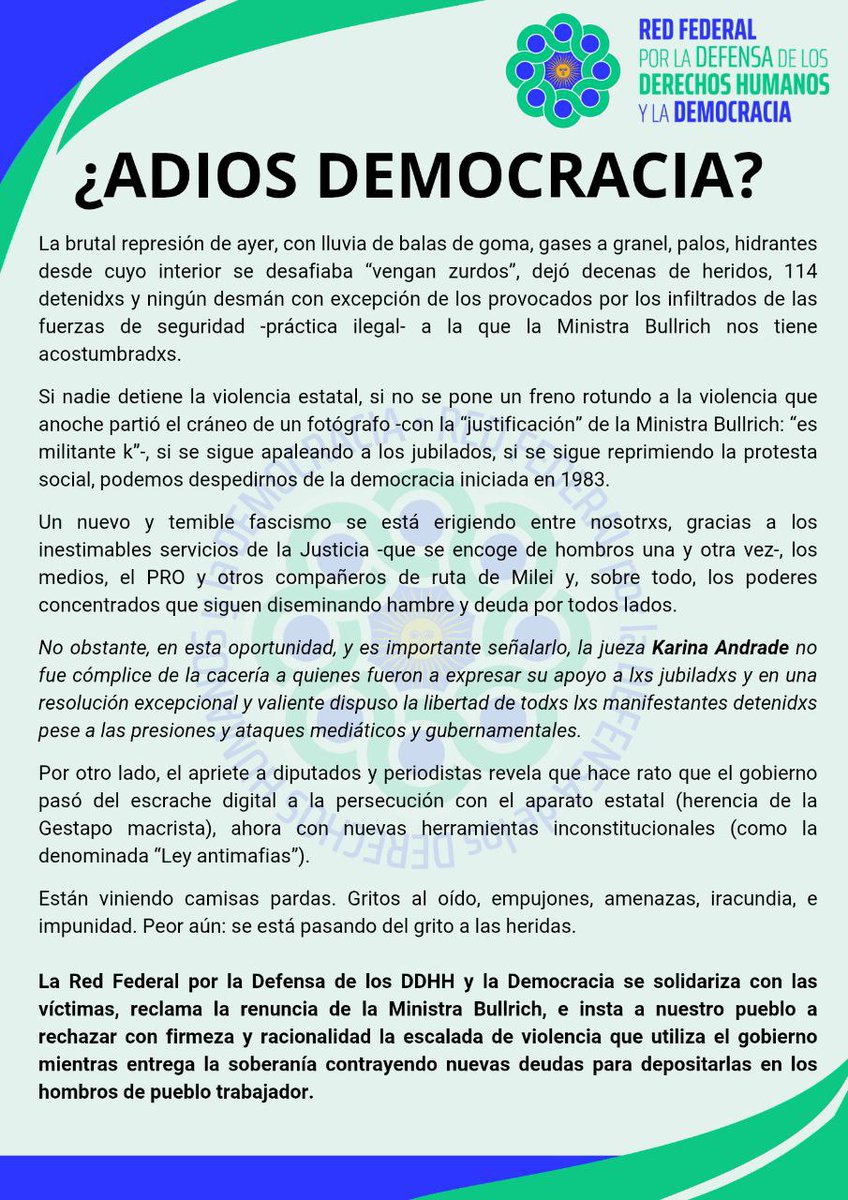 La Red Federal por la Defensa de los DDHH y la Democracia se solidariza con las víctimas, reclama la renuncia de la Ministra Bullrich, e insta a nuestro pueblo a rechazar con firmeza y racionalidad la escalada de violencia que utiliza el gobierno mientras entrega la soberanía ➡️