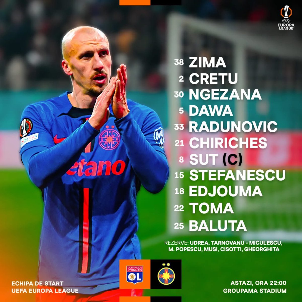 #UEL #OLFCSB 

Aceasta este echipa de start din partida cu Olympique Lyonnais, care va începe la 22:00 (ora României), în direct la Prima Sport și Digi Sport.