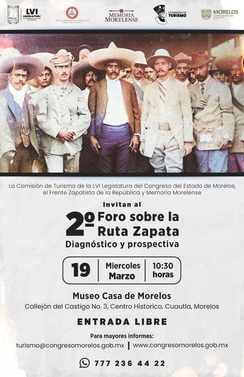 ¡🔊Amigos y amigas los invito al Segundo Foro sobre la Ruta de Zapata🔊!

La Comisión de Turismo del <a href="/MorelosCongreso/">H. Congreso del Estado de Morelos</a>, el Frente Zapatista de la República y Memoria Morelense te invitamos al Segundo Foro sobre la Ruta de Zapata: Diagnóstico y Prospectiva.

#TuDiputadoAmigo