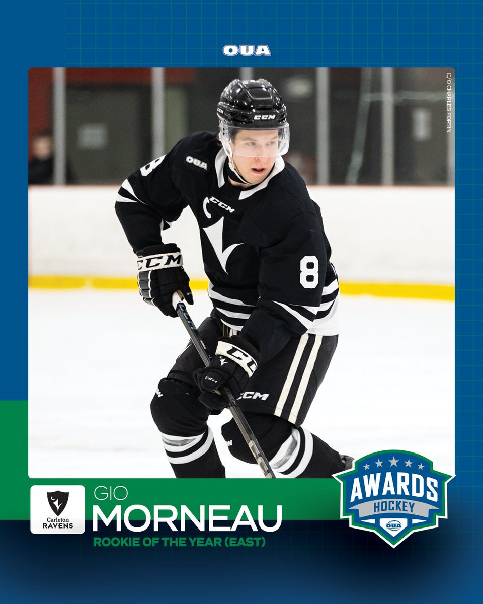 OUAsport's tweet photo. Congratulations to @CURavens Gio Morneau and @WlooWarriors Jaxson Murray, who have been named the 2024-25 #OUA men’s hockey rookies of the year.🏒👏 https://t.co/pMYMf745Za