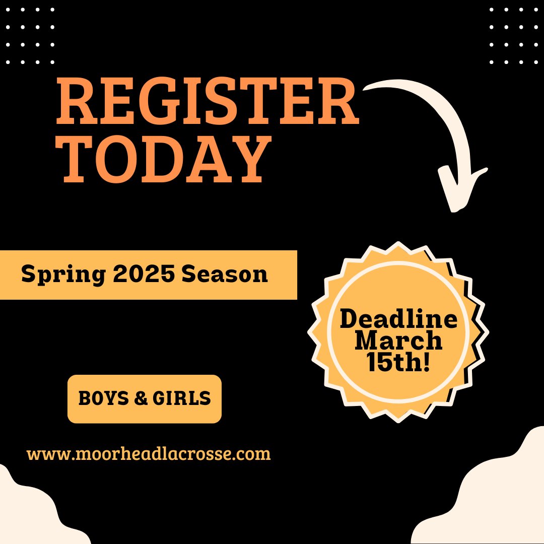 MoorheadLax's tweet image. 3 DAYS LEFT! Spring 2025 Lacrosse Registration closes at MIDNIGHT on March 15!  Register today before it’s too late! moorheadlacrosse.com Open to all skill levels – boys &amp;amp; girls K - 8! Refer a new family &amp;amp; get a $25 credit! #Lacrosse #FastestGameOnTwoFeet #GrowTheGame