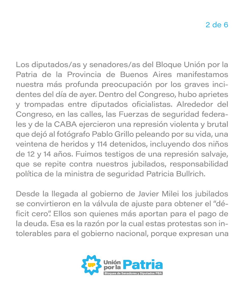 Las y los diputados y senadores de Unión por la Patria de la Provincia de Buenos Aires manifestamos nuestra más profunda preocupación por los graves incidentes del día de ayer.

BASTA DE REPRESIÓN Y VIOLENCIA SOBRE EL PUEBLO ARGENTINO.