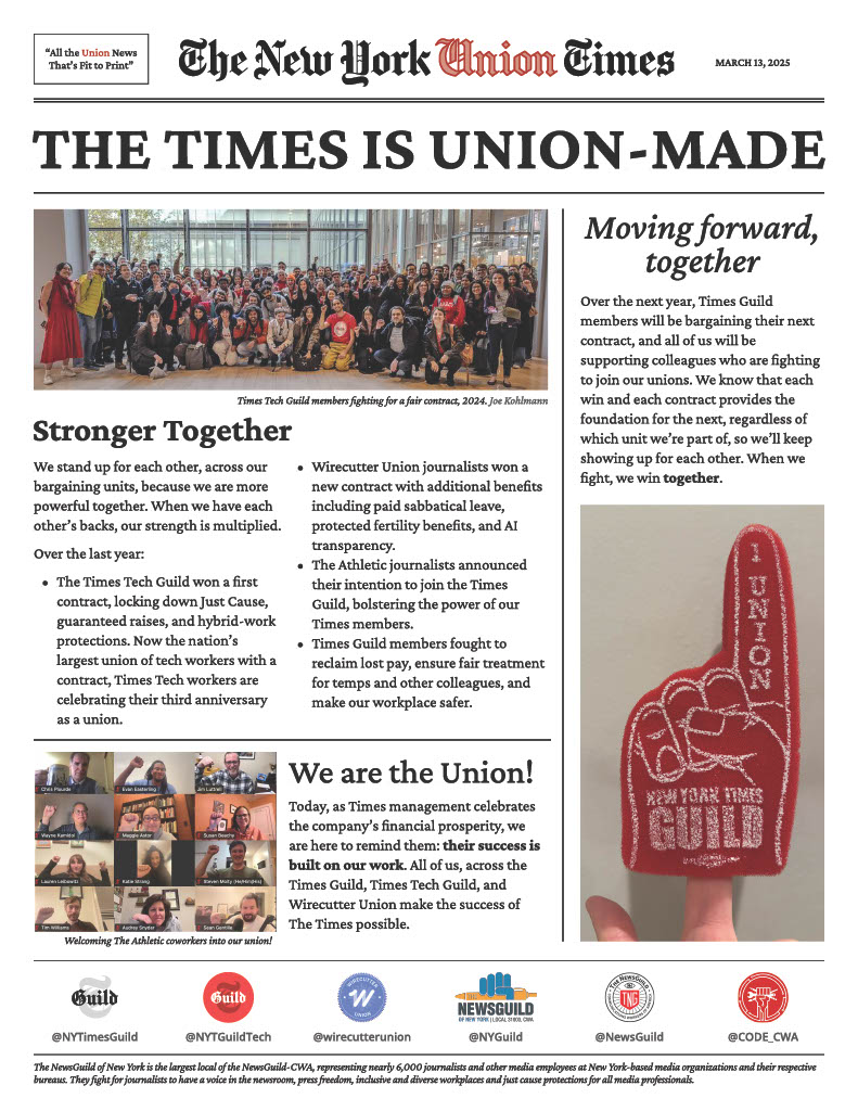 NYTGuildTech's tweet image. THE TIMES IS UNION MADE: Today is the annual State of The Times. As @NYTimes bosses extol the company’s success, our members from across the Times unions are handing out flyers to spread the word: There is no NYT without our members. @NYTGuildTech @wirecutterunion @NYTimesGuild