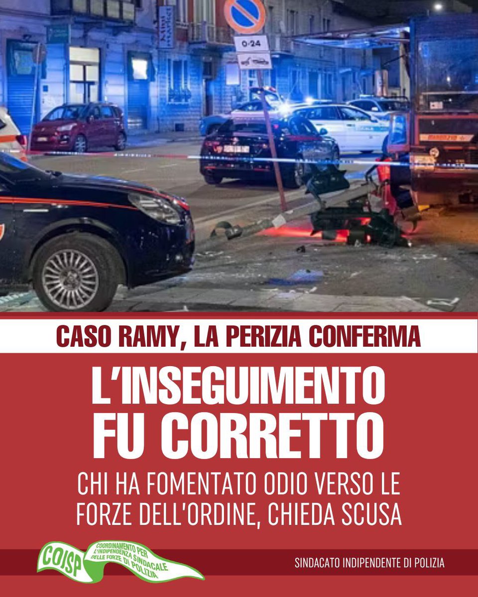 COISPpolizia's tweet photo. La perizia relativa all'inseguimento di #Ramy ha fatto finalmente chiarezza: l'operato dei Carabinieri è stato corretto!

In molti dovrebbero chiedere scusa.

#coisp https://t.co/V3e7X34u1X