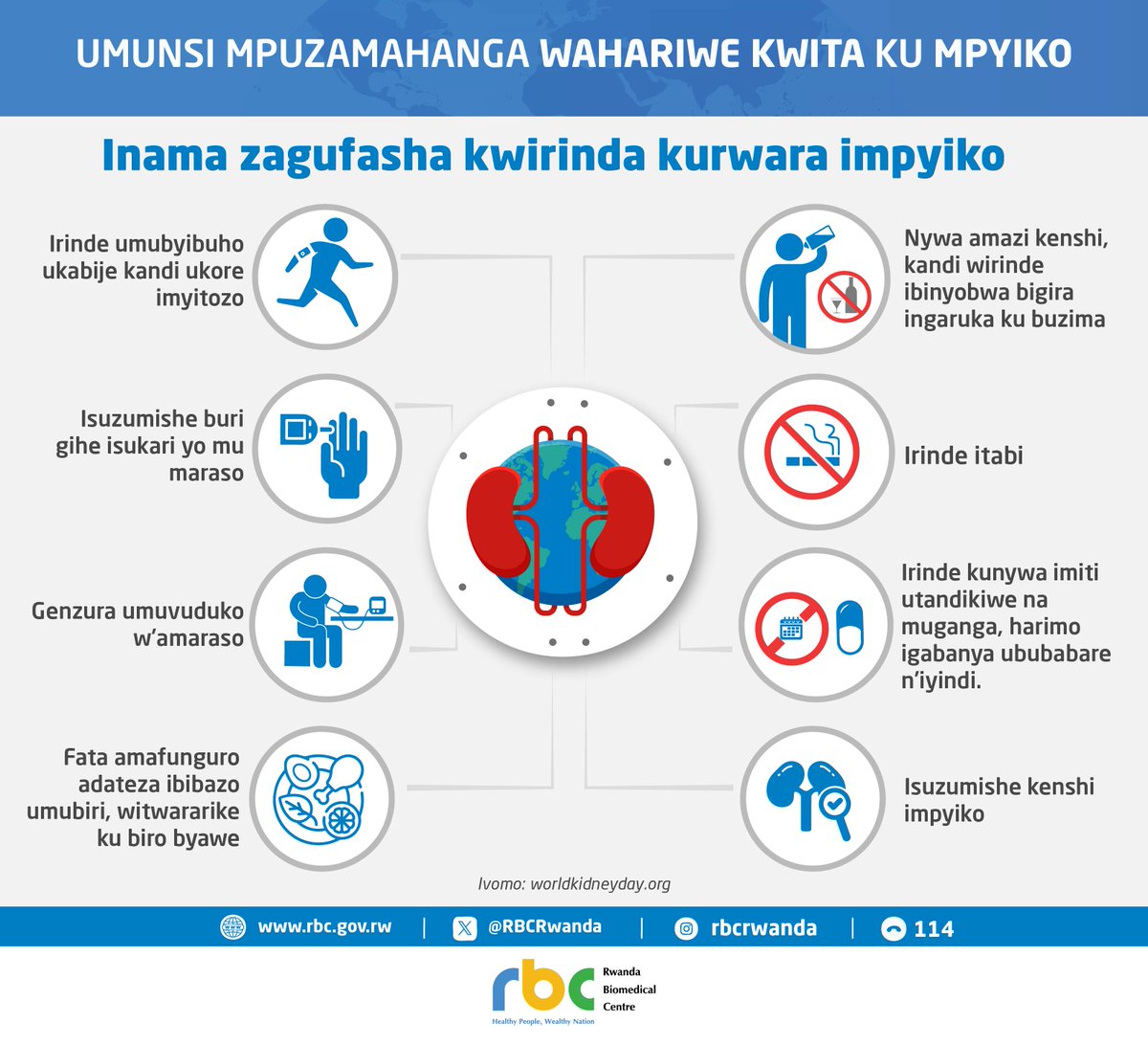 RBCRwanda's tweet image. Kuri uyu munsi w’ubuzima bw’impyiko, 
reka tumenye akamaro k’ubuzima bwiza bw’impyiko. 

Impyiko zacu zifite uruhare runini mu kuyungurura amaraso, gusohora imyanda mu mubiri, kugenzura amazi mu mubiri no gufasha umubiri gukomeza gukora neza. 
✅Nywa amazi ahagije, 
✅Rya indyo…