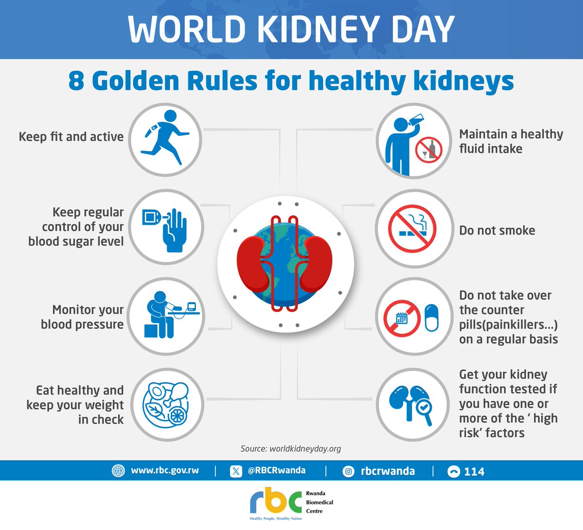 RBCRwanda's tweet image. Kuri uyu munsi w’ubuzima bw’impyiko, 
reka tumenye akamaro k’ubuzima bwiza bw’impyiko. 

Impyiko zacu zifite uruhare runini mu kuyungurura amaraso, gusohora imyanda mu mubiri, kugenzura amazi mu mubiri no gufasha umubiri gukomeza gukora neza. 
✅Nywa amazi ahagije, 
✅Rya indyo…