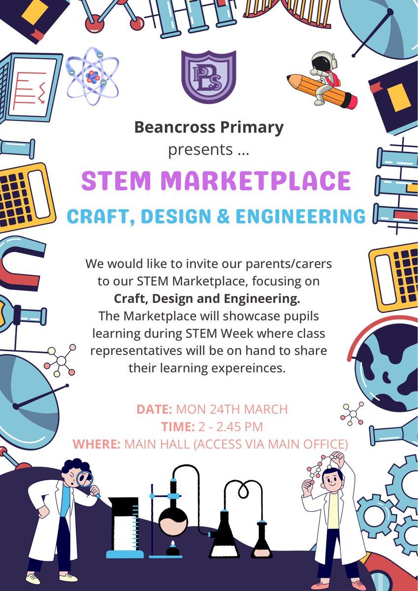 Mrs McLeish (@mrsmcleishbps) on Twitter photo π·π»ββοΈ STEM MARKETPLACE - OPEN AFTERNOON ποΈ
π’ Next week, pupils will participate in STEM Week focusing on Craft, Design & Engineering π·ββοΈ
π Following this, we will hold our STEM Marketplace on Mon 24th to showcase pupils learning π οΈ
β¬οΈ See poster for details (π§ also sent ππ») π·π»ββοΈ STEM MARKETPLACE - OPEN AFTERNOON ποΈ
π’ Next week, pupils will participate in STEM Week focusing on Craft, Design & Engineering π·ββοΈ
π Following this, we will hold our STEM Marketplace on Mon 24th to showcase pupils learning π οΈ
β¬οΈ See poster for details (π§ also sent ππ»)