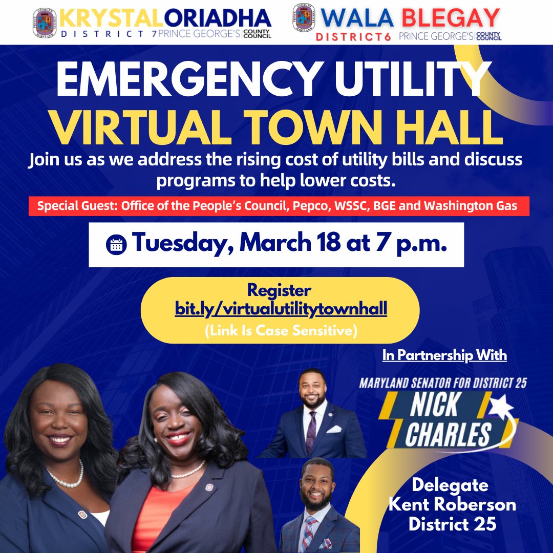 Join us Tuesday, March 18, at 7 p.m. for a virtual utility town hall. We’ll have representatives from Pepco, WSSC, BGE, Washington Gas and the Office of the People’s Council.  To register, visit bit.ly/virtualutility… *Please note the link is case sensitive.