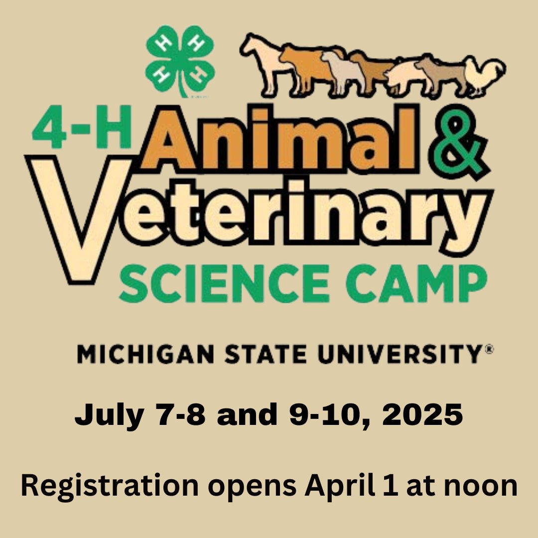 Michigan4H's tweet image. Drum roll, please! The information you’ve been waiting for is now available! You can find an information packet all about this year’s 4-H Animal and Veterinary Science Camp on our website: canr.msu.edu/events/4-h-ani…
Registration will open on that same website on April 1st at noon.