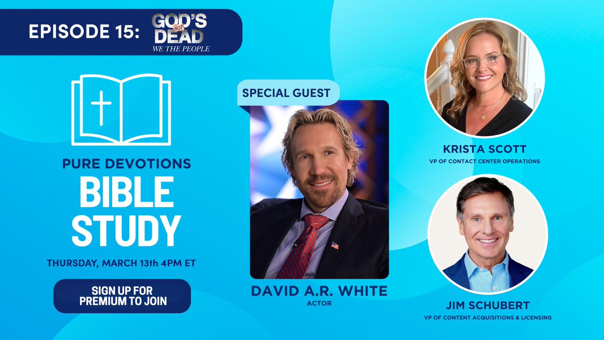 DavidARWhite's tweet image. In a special edition of Pure Devotions, I'm joining Pure Flix Premium members for an exclusive conversation with Pure Flix team Krista Scott and Jim Schubert to talk about faith in entertainment and @GodsNotDeadFilm
Sign up today & join the conversation: bit.ly/3XQbfid