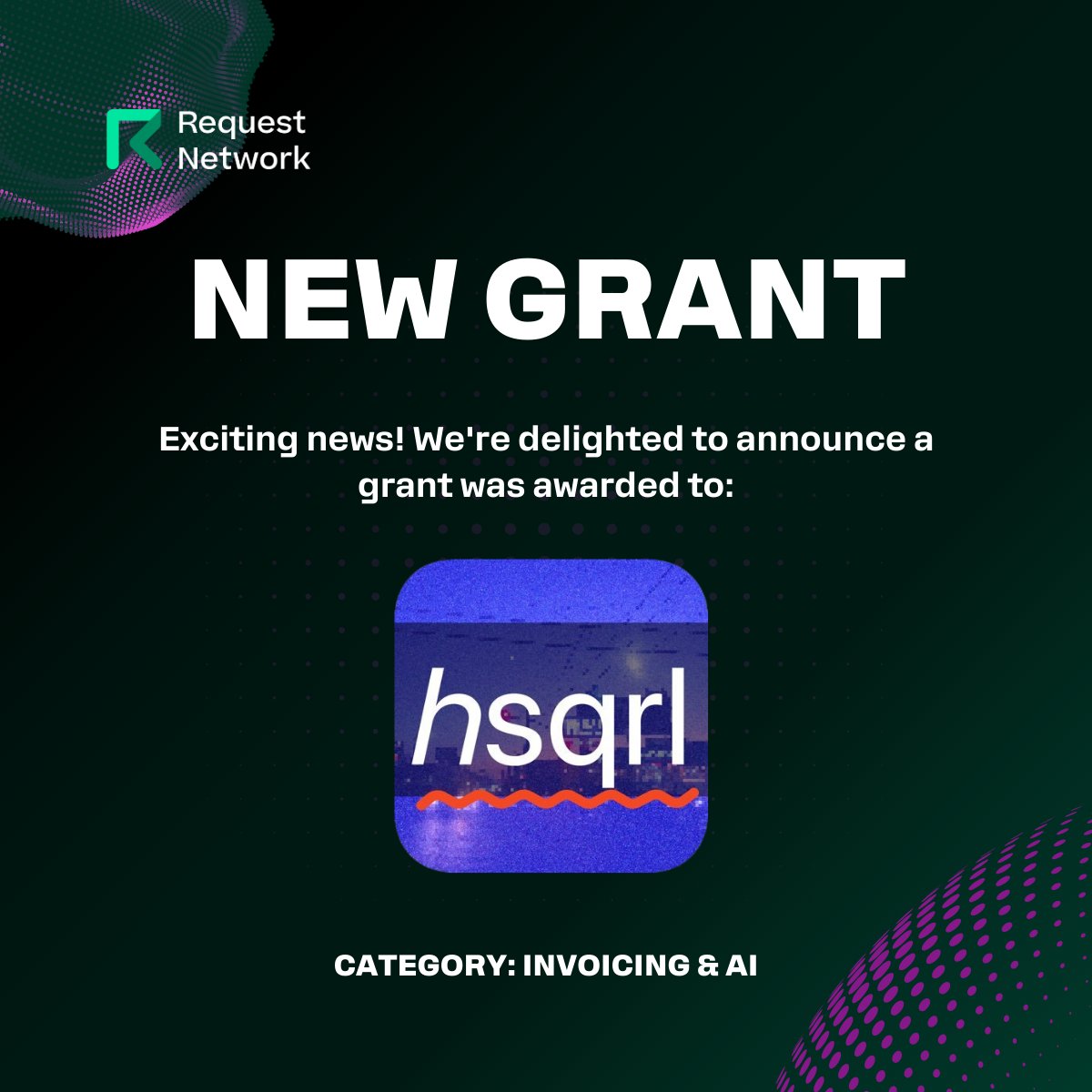 📣 Announcement time! Proud to award @_hyprsqrl a $10,000 grant to advance their powerful vision: AI-driven crypto finance that respects privacy and simplifies business. Their tech makes invoice management frictionless and secure, creating space for innovation 📗👇