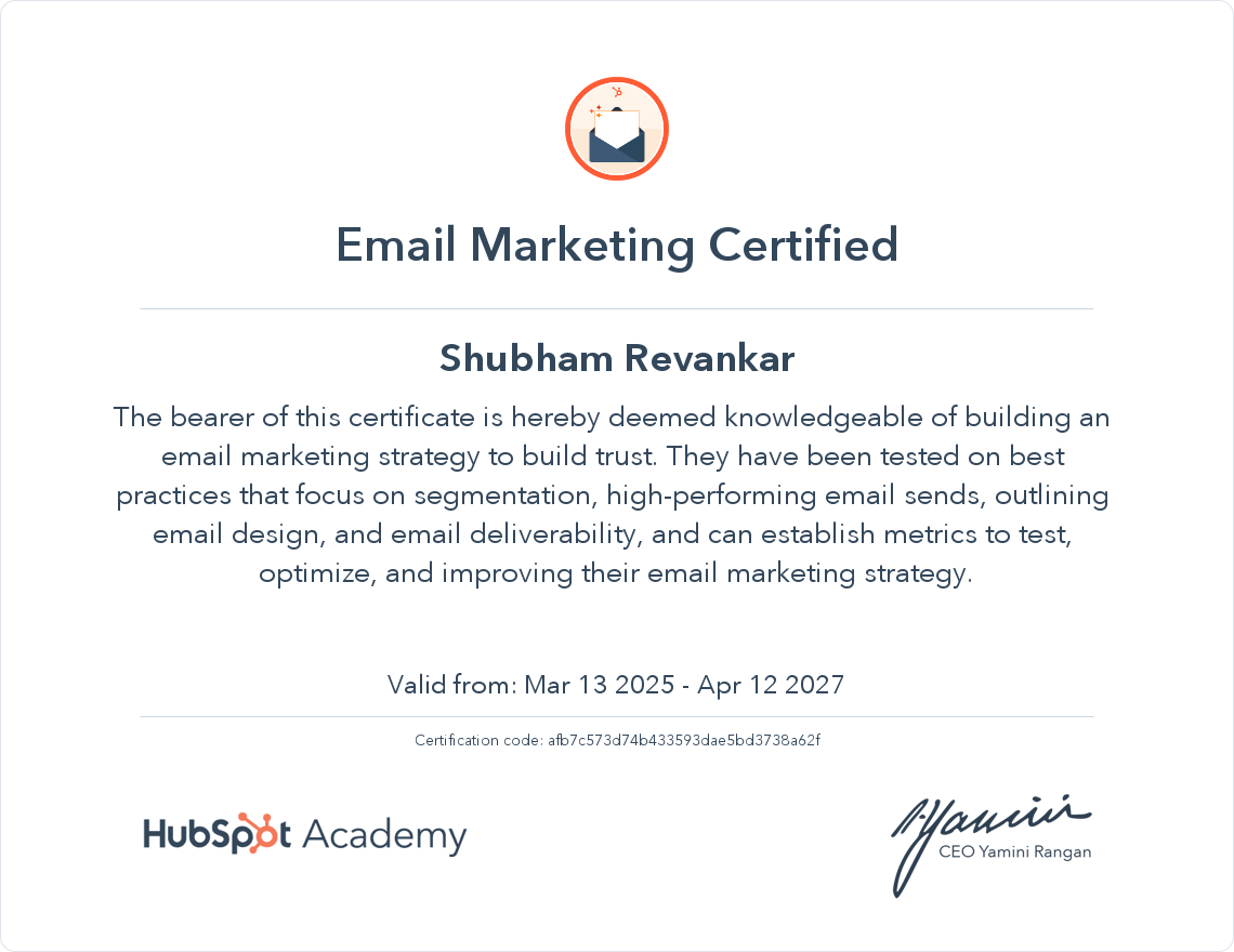 I just got my Email Marketing Certification from HubSpot Academy.
<a href="/HubSpot/">HubSpot</a> <a href="/HubSpotAcademy/">HubSpot Academy</a>