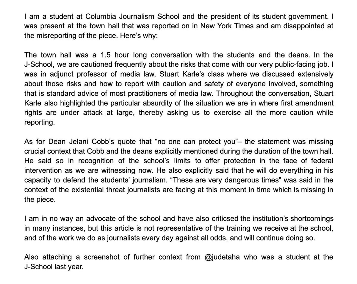 I am a student at Columbia Journalism School and the president of its student government. I was present at the town hall that was reported on in New York Times and am disappointed at the misreporting of the piece. Here’s why: