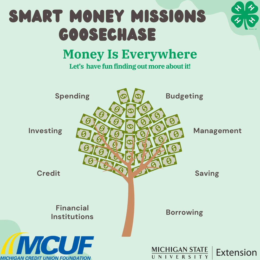Michigan4H's tweet image. Boost your money smarts &amp;amp; win prizes in the Money Smart Mission GooseChase, April 1-30! Learn budgeting, saving, &amp;amp; investing.
Win a $50 Amazon gift card
How to join:
1. Download GooseChase
2. Register: canr.msu.edu/events/smart-m…
Brought to you by the MI Credit Union Foundation!