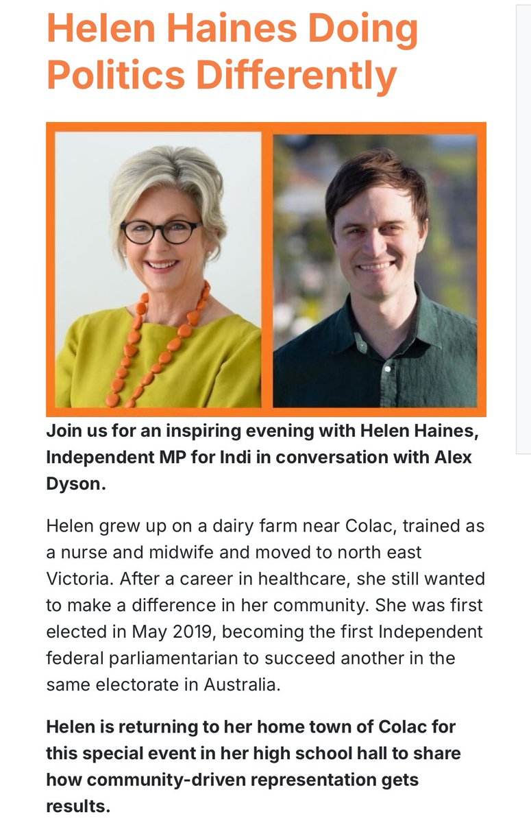 VoicesofWannon (@voicesofwannon) on Twitter photo Alex Dyson and <a href="/helenhainesindi/">Helen Haines MP</a> are catching up for a chat in her hometown of Colac. Come along, be part of the conversation and discuss a better deal for Wannon.
#auspol #auspol2025 #wannonvotes #auspol25
alexdysonindependent.com/helen_haines_d… Alex Dyson and <a href="/helenhainesindi/">Helen Haines MP</a> are catching up for a chat in her hometown of Colac. Come along, be part of the conversation and discuss a better deal for Wannon.
#auspol #auspol2025 #wannonvotes #auspol25
alexdysonindependent.com/helen_haines_d…