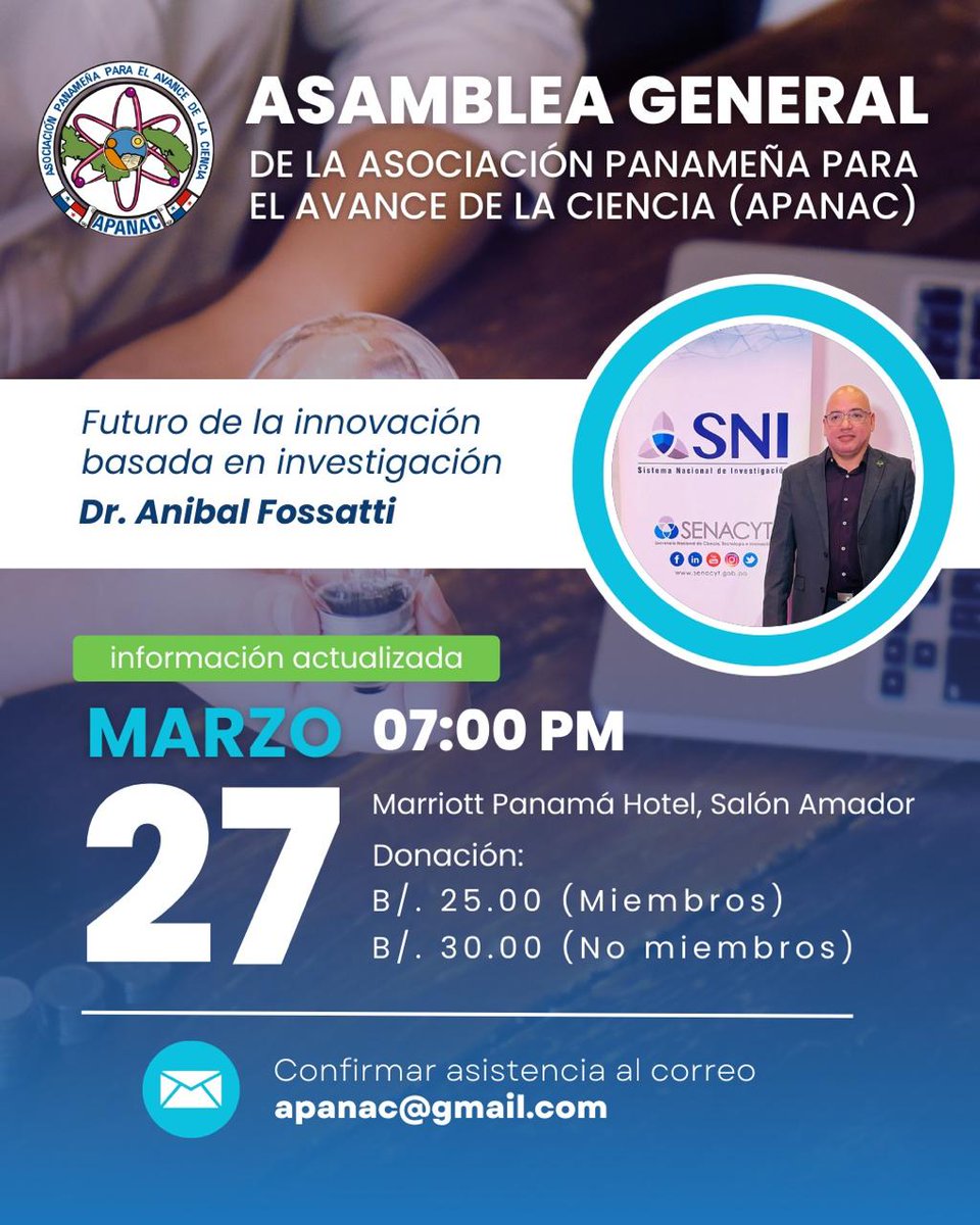 !Reprogramaron nueva fecha!
La  Asociación Panameña para el Avance de la Ciencia (APANAC) llevará a cabo su Asamblea General y RedAgro Panamá les invita a compartir esta actividad.